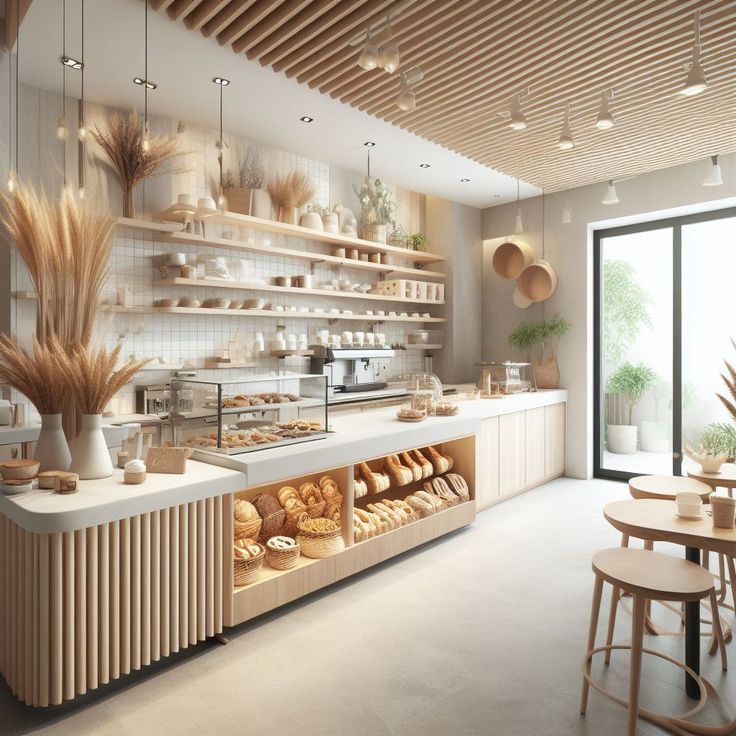 Boulangerie moderne au design épuré avec présentoirs de pains et viennoiseries, décorations naturelles en épis de blé et ambiance lumineuse chaleureuse