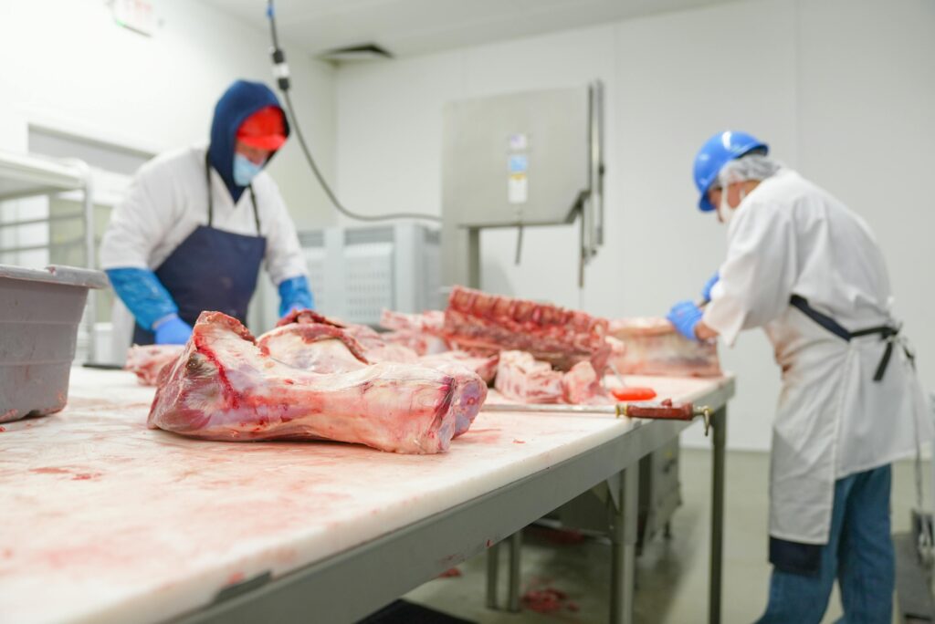 Two butchers process raw meat in an indoor industrial facility, highlighting freshness and safety.