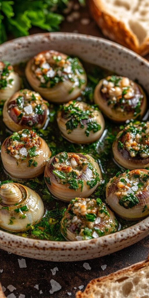 Escargots de Bourgogne cuisinés au beurre persillé et à l’ail, spécialité gastronomique française