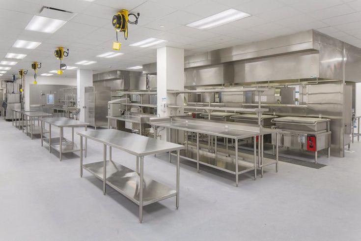 Cuisine industrielle professionnelle équipée de plans de travail et installations en inox
