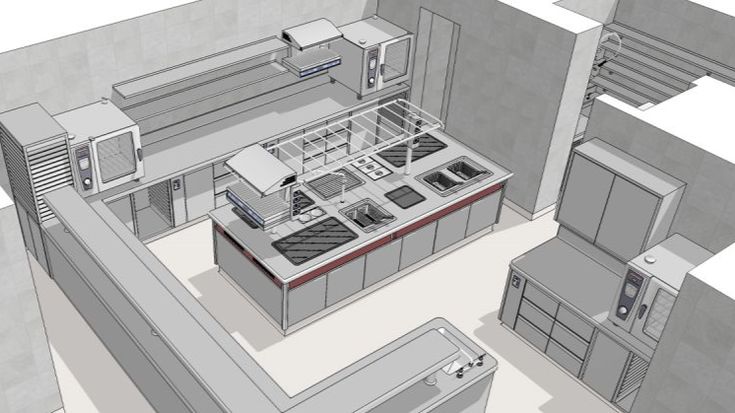Modélisation 3D d’une cuisine professionnelle avec îlot central équipé et rangements en inox