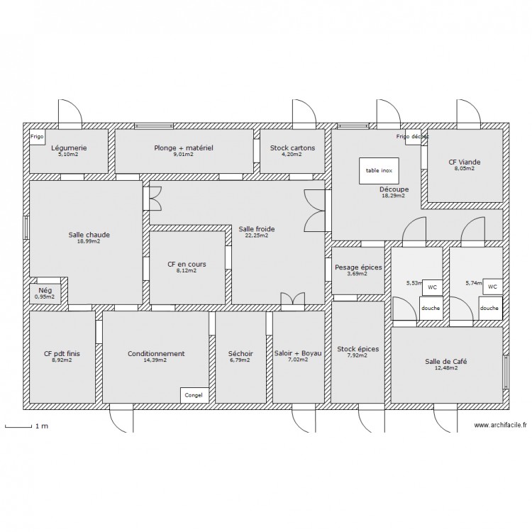 Plan architectural d’un atelier agroalimentaire avec zones de découpe, salle froide, conditionnement, séchoir et espaces de stockage