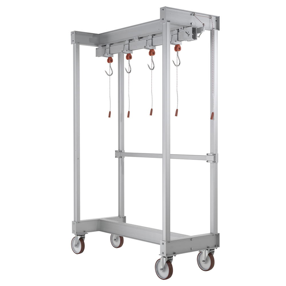 Portique mobile inox avec crochets de suspension pour boucherie et découpe de viande