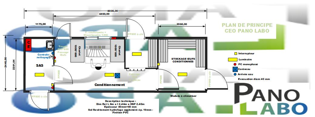 planCEO 8x2.44 PANO LABO SITE Plan de principe PANO LABO pour module de conditionnement et stockage d’œufs avec SAS et équipements techniques